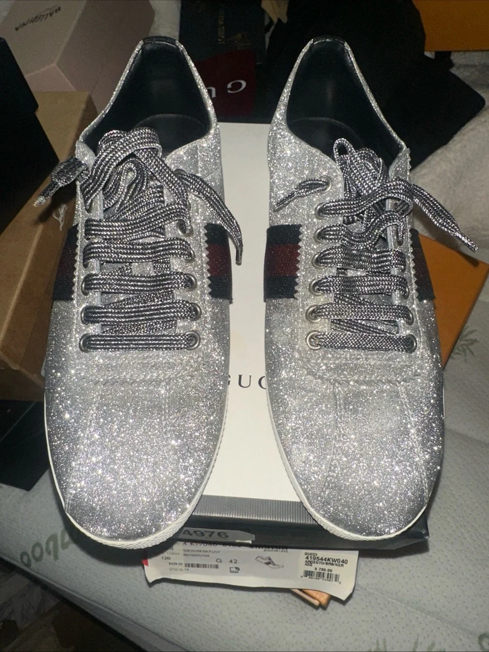 Gucci Silver Glitter Sneakers with Black Ribbon Detail